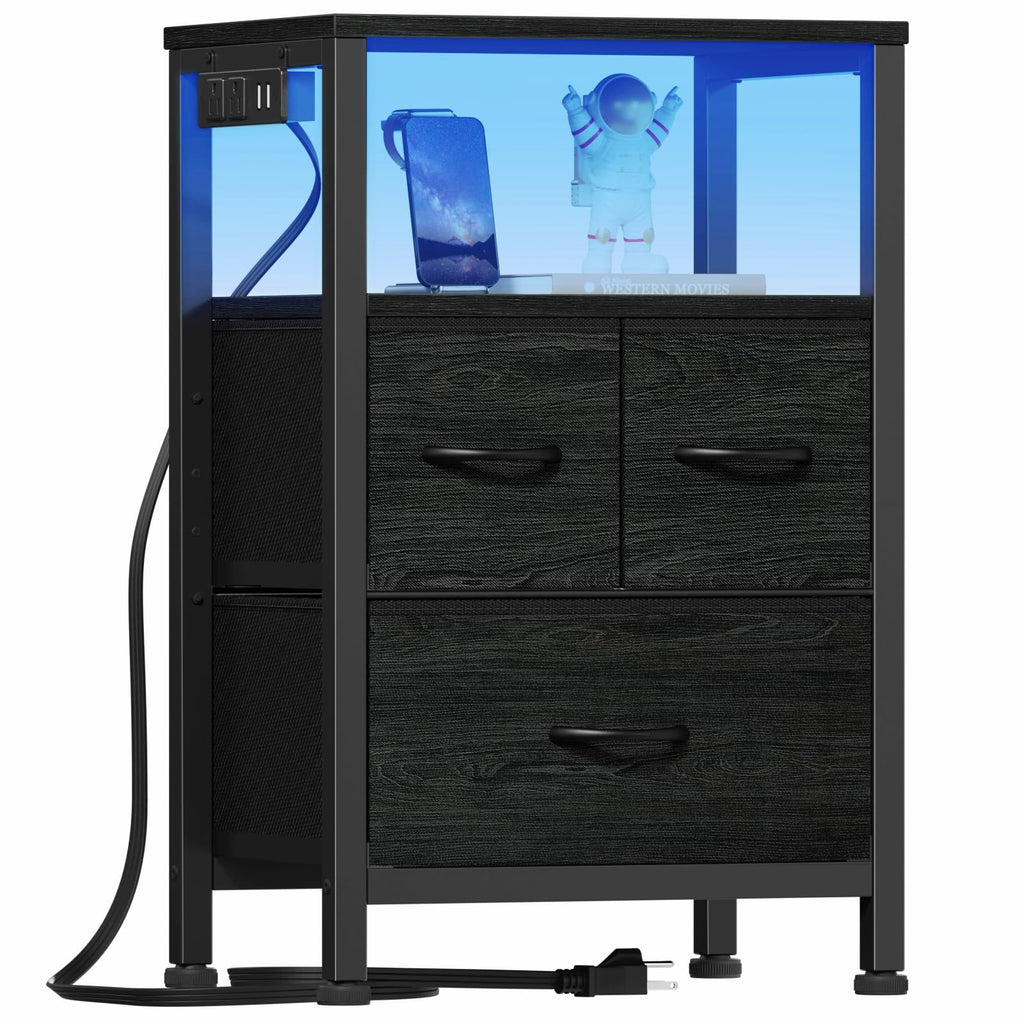 Furnulem Black Nightstand with Wood Shelf Bedside Table with Led Light and Charging Station 25.8 Inch End Table with 3 Fabric Storage Drawers Small Side Table Night Stand for Bedroom Furniture