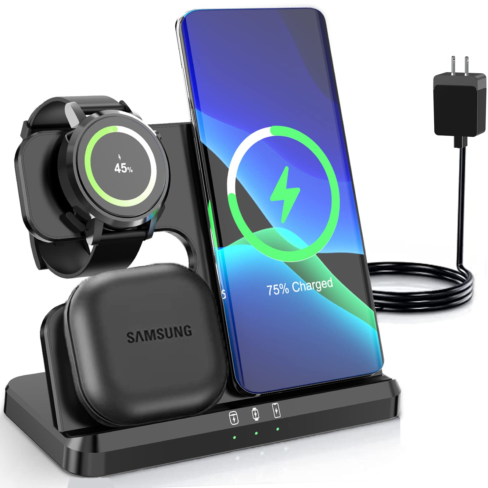 Criacr 3 in 1 Wireless Charger for Samsung Wireless Charging Station for Galaxy Watch 4/3/Active 2/1 Compatible with Samsung S22 S21 S20 Note20 Z Flip 4/3 Z Fold Galaxy Buds (Adapter Included)