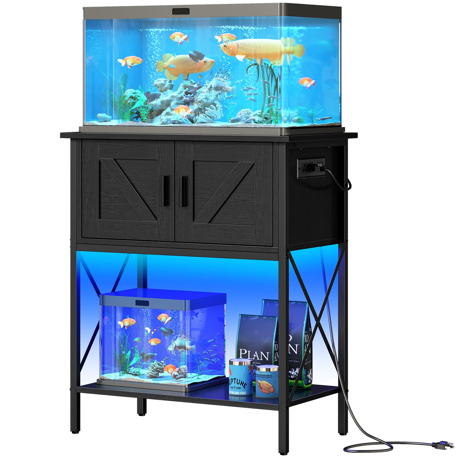 HOOBRO 20 Gallon Fish Tank Stand with Power Outlets and LED Light Metal Frame Aquarium Stand Reptile Turtle Tank Stand with Cabinet Storage 27.6 L x 15.7 W 300 LBS Capacity Black BB40UDFT01