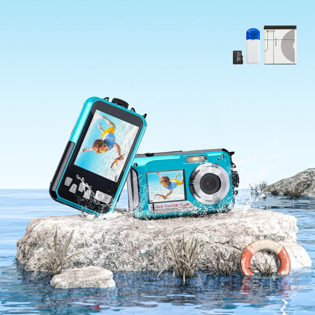 ZUAN TIME Underwater Camera 4K Autofocus 56MP Waterproof Camera Dustproof Shockproof Dual Screen Selfie Waterproof Digital Camera for Snorkeling 11FT with 64G Card Reader and 1250mAh Battery