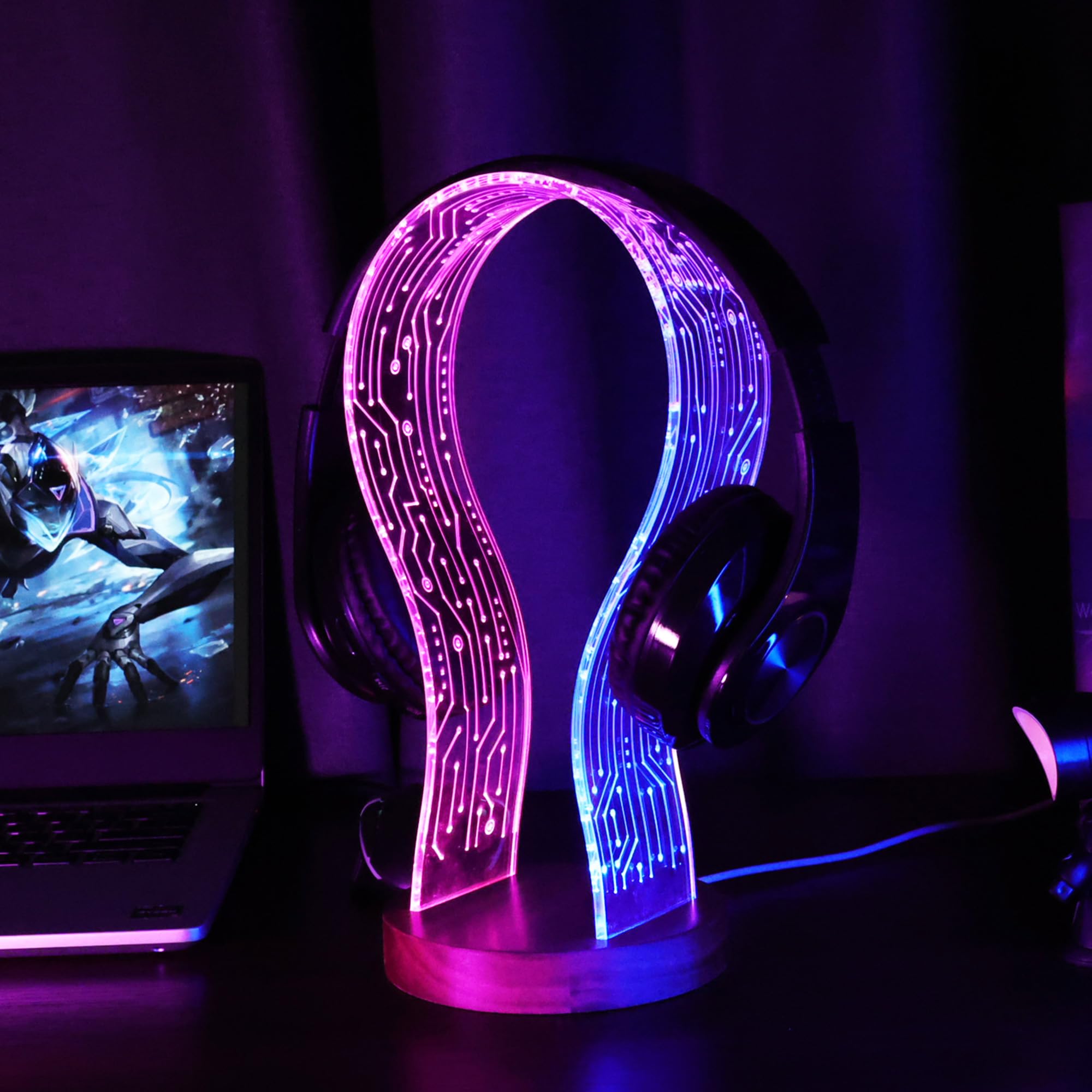 CoolGift Mart Gifts for Gamers and Music Lovers Light Up Headphone Stand Walnut Wood Headset Holder with Blue Pink LED Night Light Ideal Desk Accessory