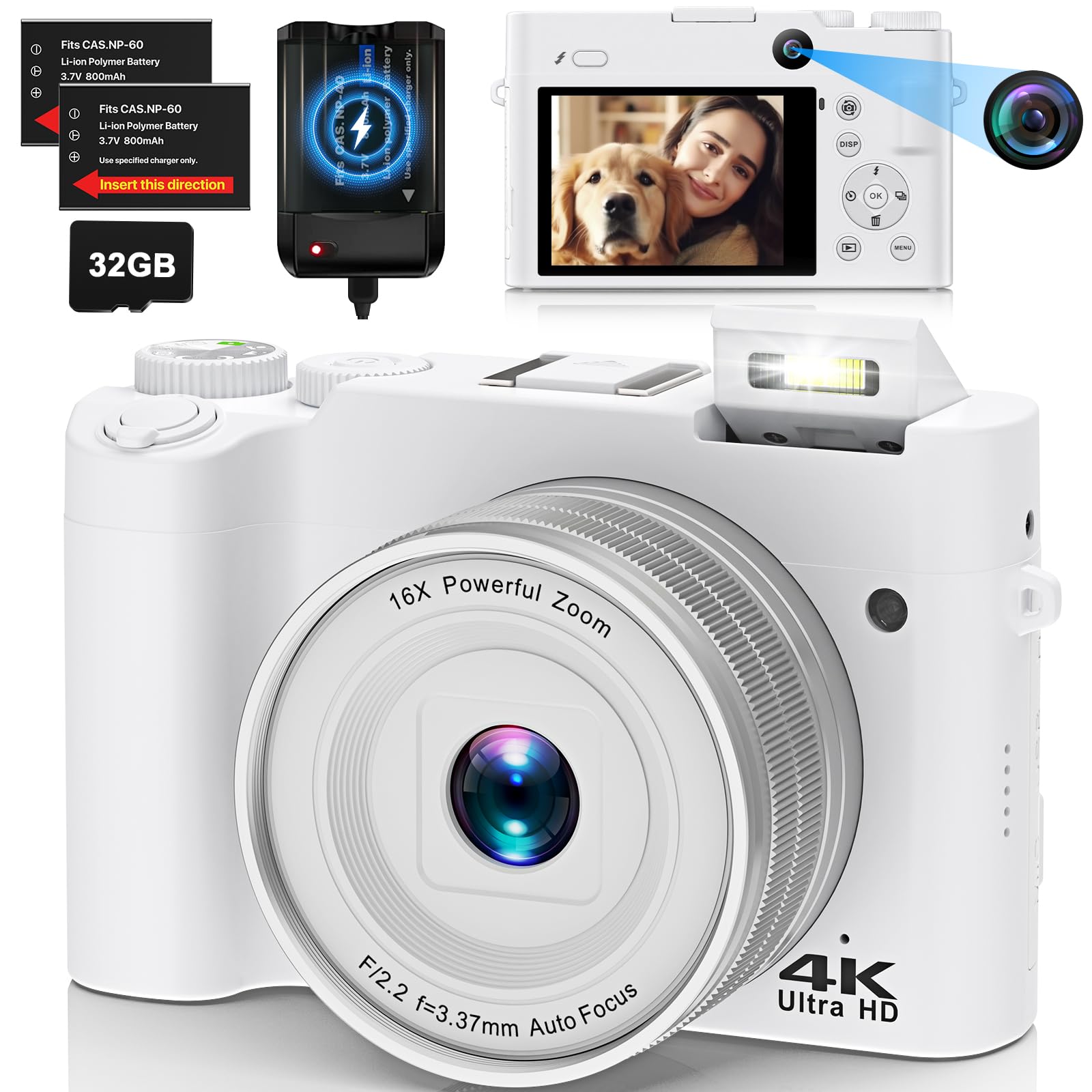 4K Digital Camera for Photography Dual 64MP Autofocus Vlogging Camera for YouTube 2.8" Screen Compact Travel Camera with 32GB SD Card Anti-Shake Flash 16X Digital Zoom 2 Batteries & Charger