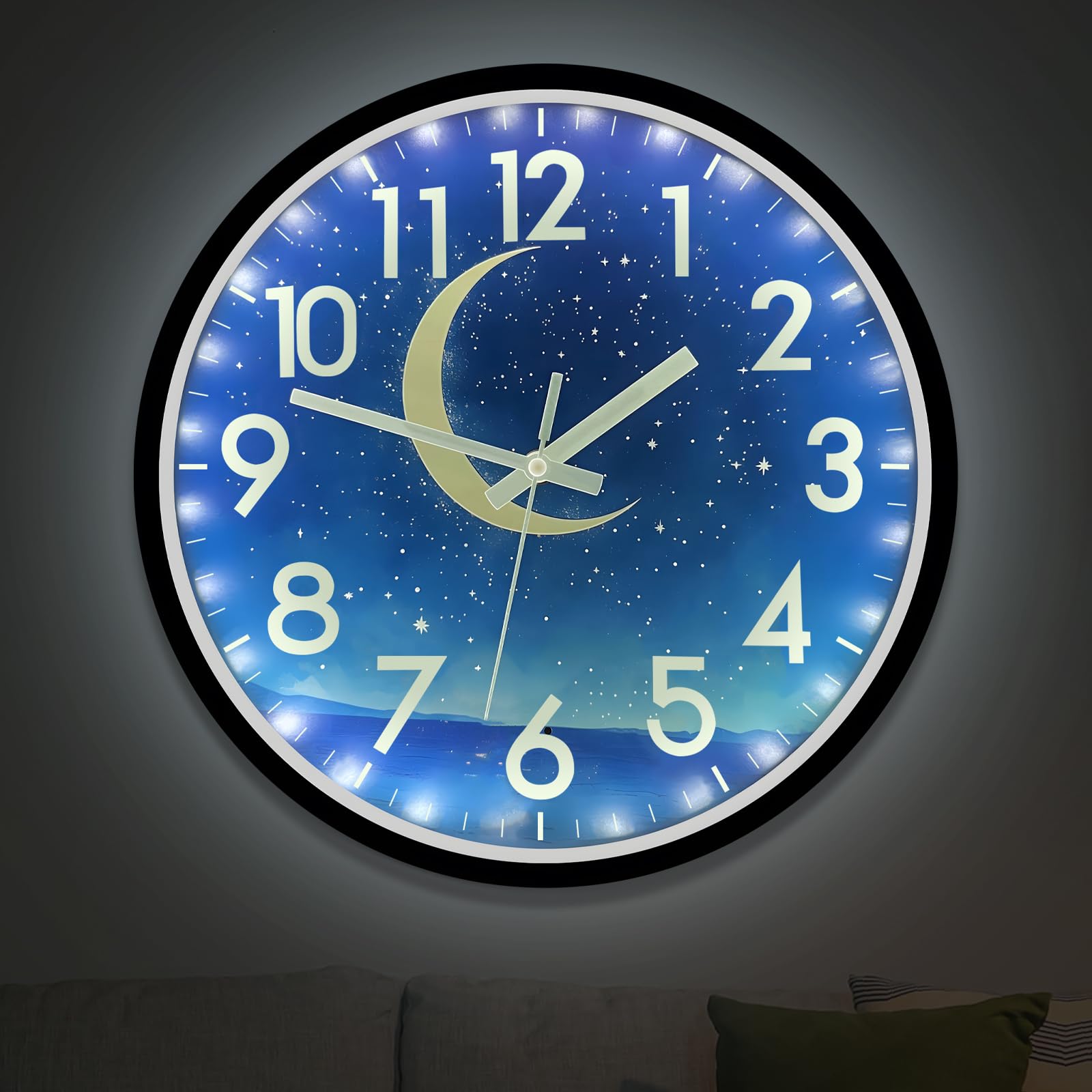 JoFomp Glow in The Dark Wall Clocks Battery Operated 12 Inch Blue Moon Silent Wall Clock Non Ticking LED Sound Control Light Up Wall Clock for Bedroom Night Light Wall Clocks for Living Room Decor