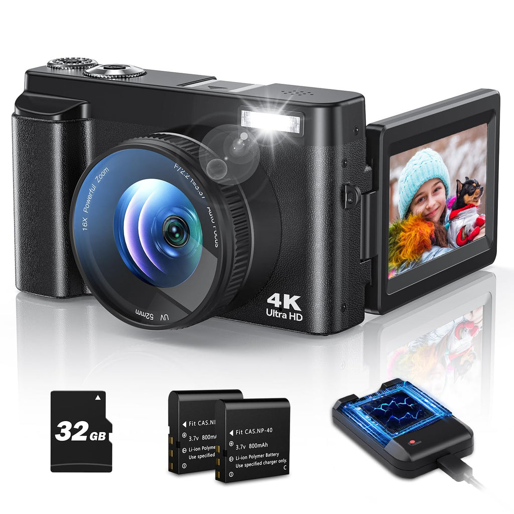 Bifevsr 4K Digital Camera for Photography Autofocus 48MP Vlogging Camera with Flash Anti-Shake 3 180° Flip Screen Compact Travel Camera 16X Zoom Camera for Teens with 32G Card Battery Charger
