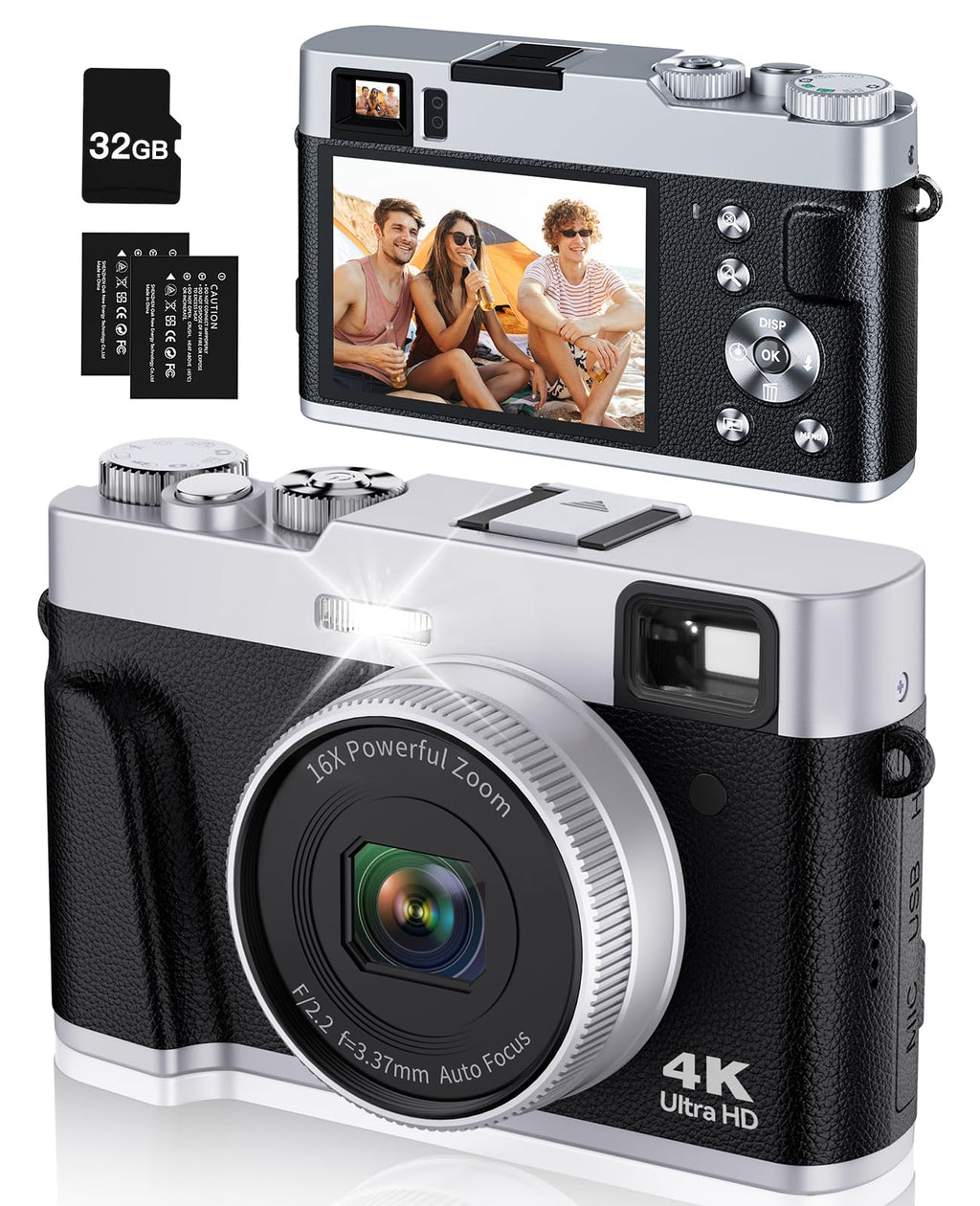 Bifevsr 4K Digital Camera with Viewfinder & Dial 48MP Vlogging Camera for Photography and Video Autofocus Anti-Shake Travel Portable Digital Camera with Flash SD Card 2 Batteries 16X Zoom Camera