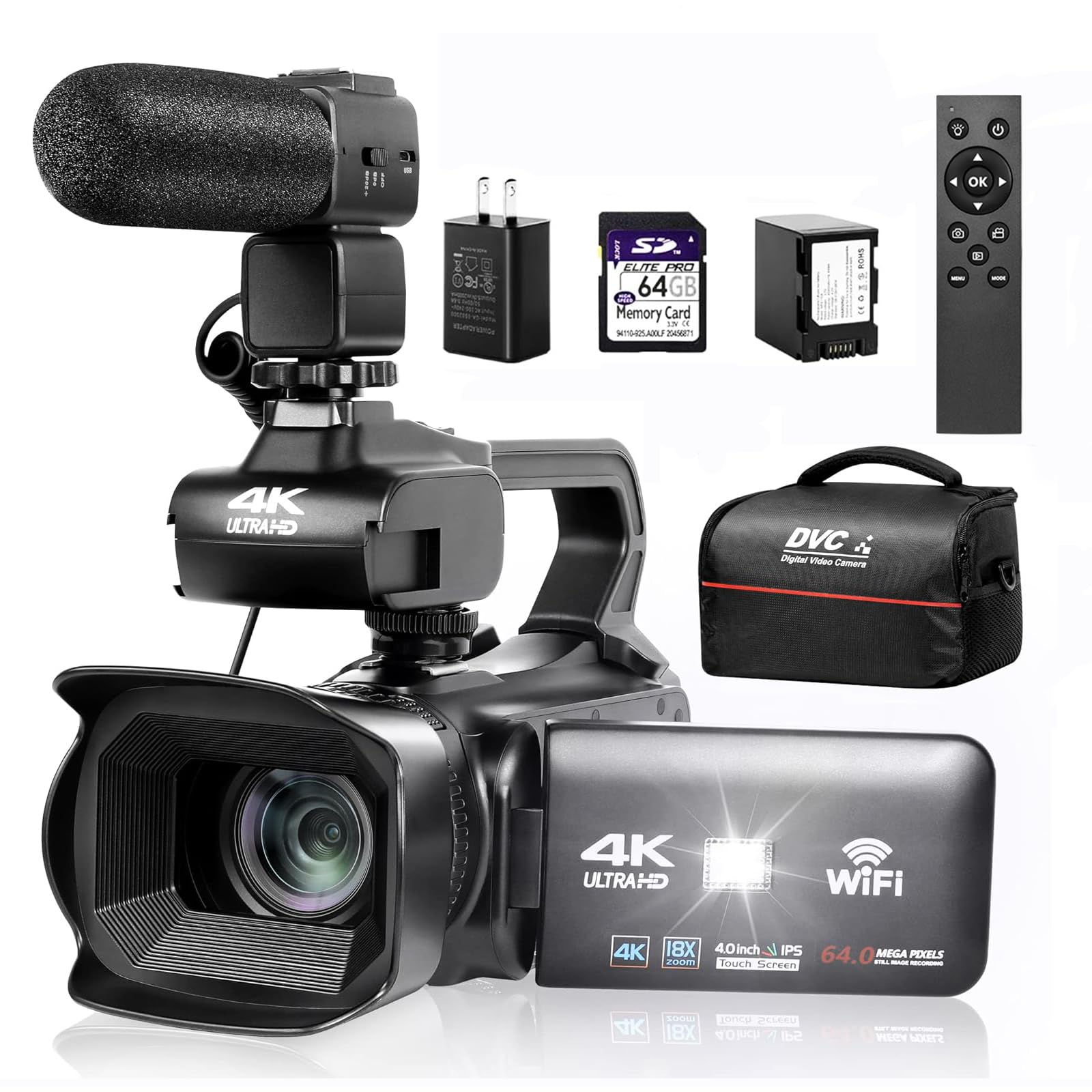 Lierhyt Upgrade 4K UHD Video Camera Camcorder with Mic 18X Digital Zoom Auto-Focus Vlogging Camera for YouTube Antishake Video Recorder with 4" Rotating Touch Screen 64GB SD Card and Battery