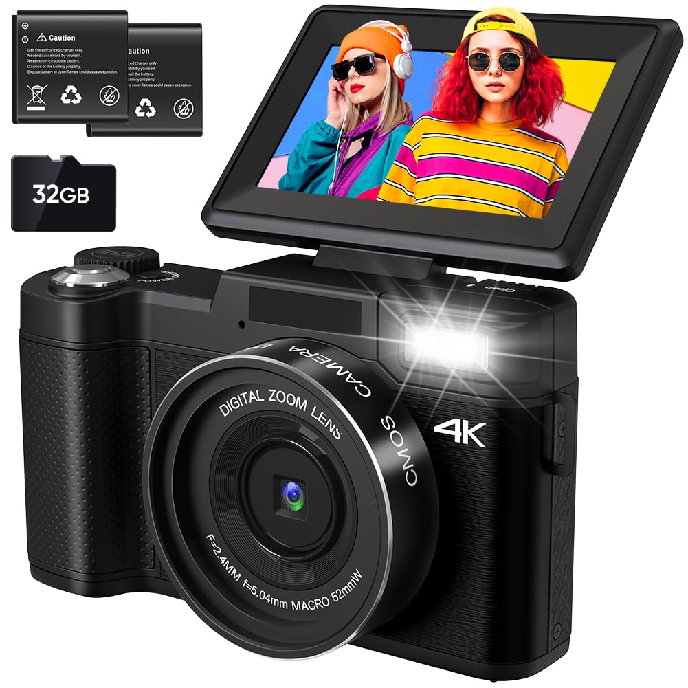 4k Digital Camera for Photography Autofocus Body Camera Vlogging for YouTube Video Camera 16X Digital Zoom 20 Filter Effect 180° Flip Screen 32GB Card Compact Travel Camera for Beginners Teens