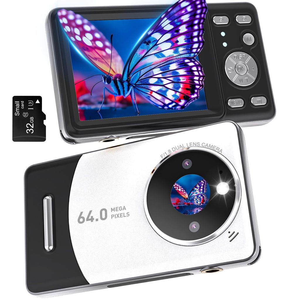 Digital Camera Autofocus UHD 64MP 4K Camera with Anti-Shake & 18X Digital Zoom Point and Shoot Digital Cameras has Dual-Lens Design - Ultra-Wide-Angle 120° Lens & Standard 60° Lens with 32GB Card