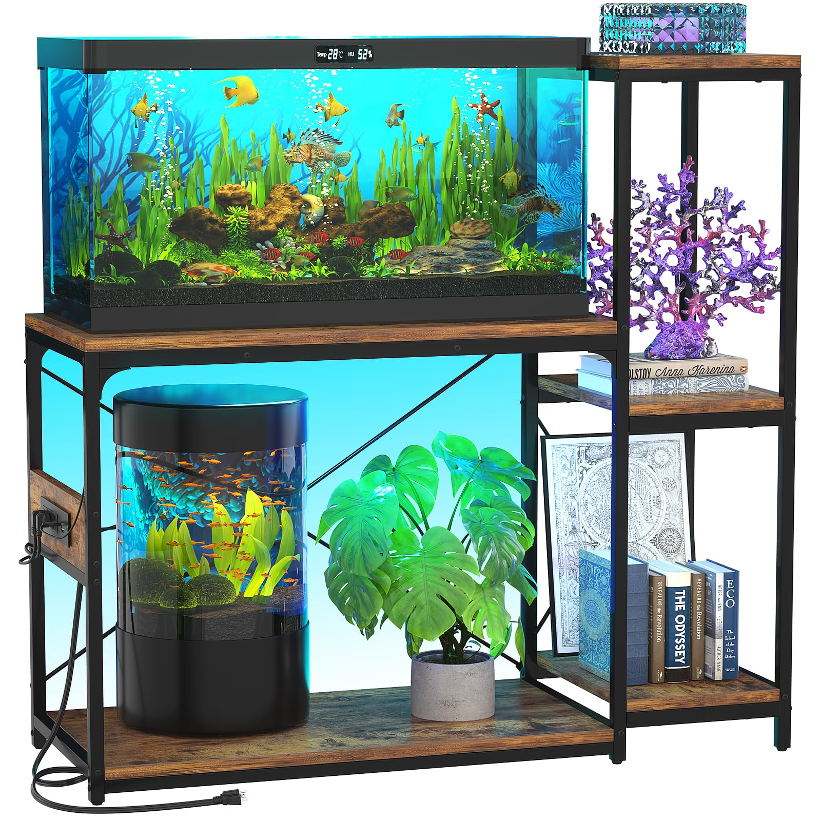 Hyomdeck 20-29 Gallon Fish Tank Stand with Power Outlet & LED Light Reversible Wood Aquarium Stand with Shelves for Fish Tank Accessories Storage Metal Frame Turtle/Reptile Tank Stand Rustic Brown