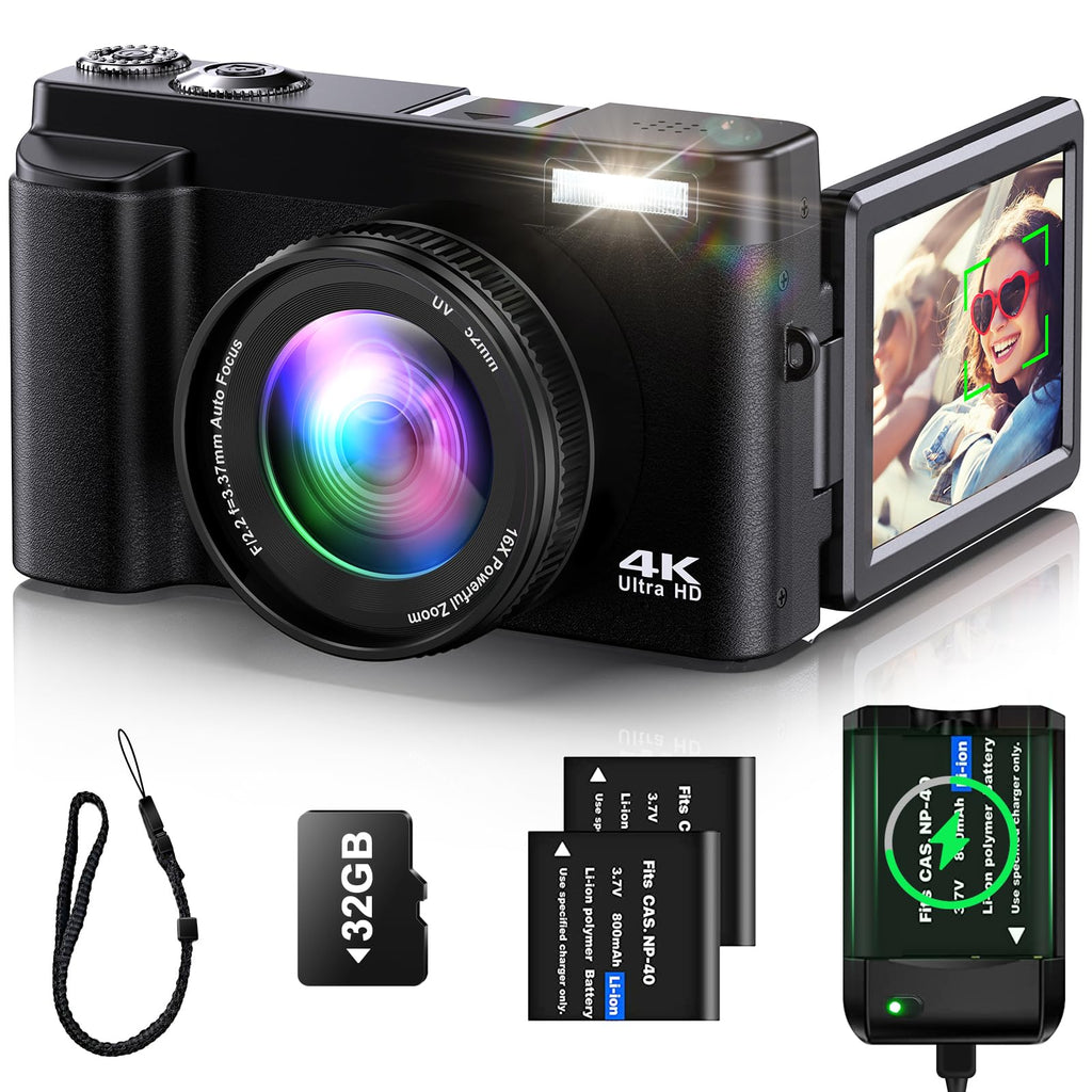 4K Digital Camera for Photography Auto-Focus Vlogging Camera for YouTube Video with 3 180° Flip Screen 16X Anti-Shake 4K Camera Compact Cameras with SD Card Flash 2 Batteries & Battery Charger