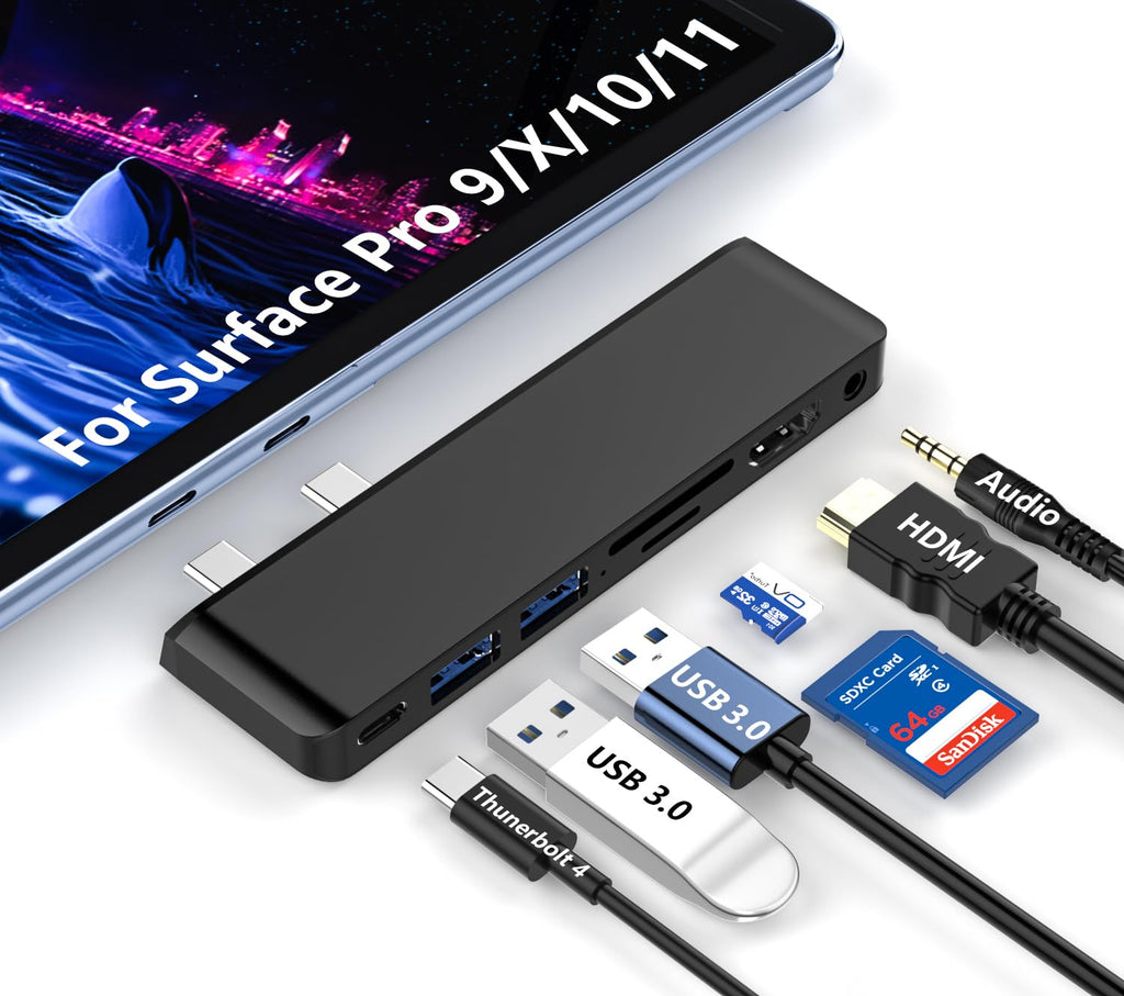 Surface Pro 11 Docking Station: Surface Pro 11 Copilot+PC/Pro 10/Pro 9 USB Hub Adapter with Thunderbolt 4 (Display+Data+100W PD) 4K HDMI USB 3.0 SD/TF Reader 3.5mm Audio Surface Pro 11 Accessories