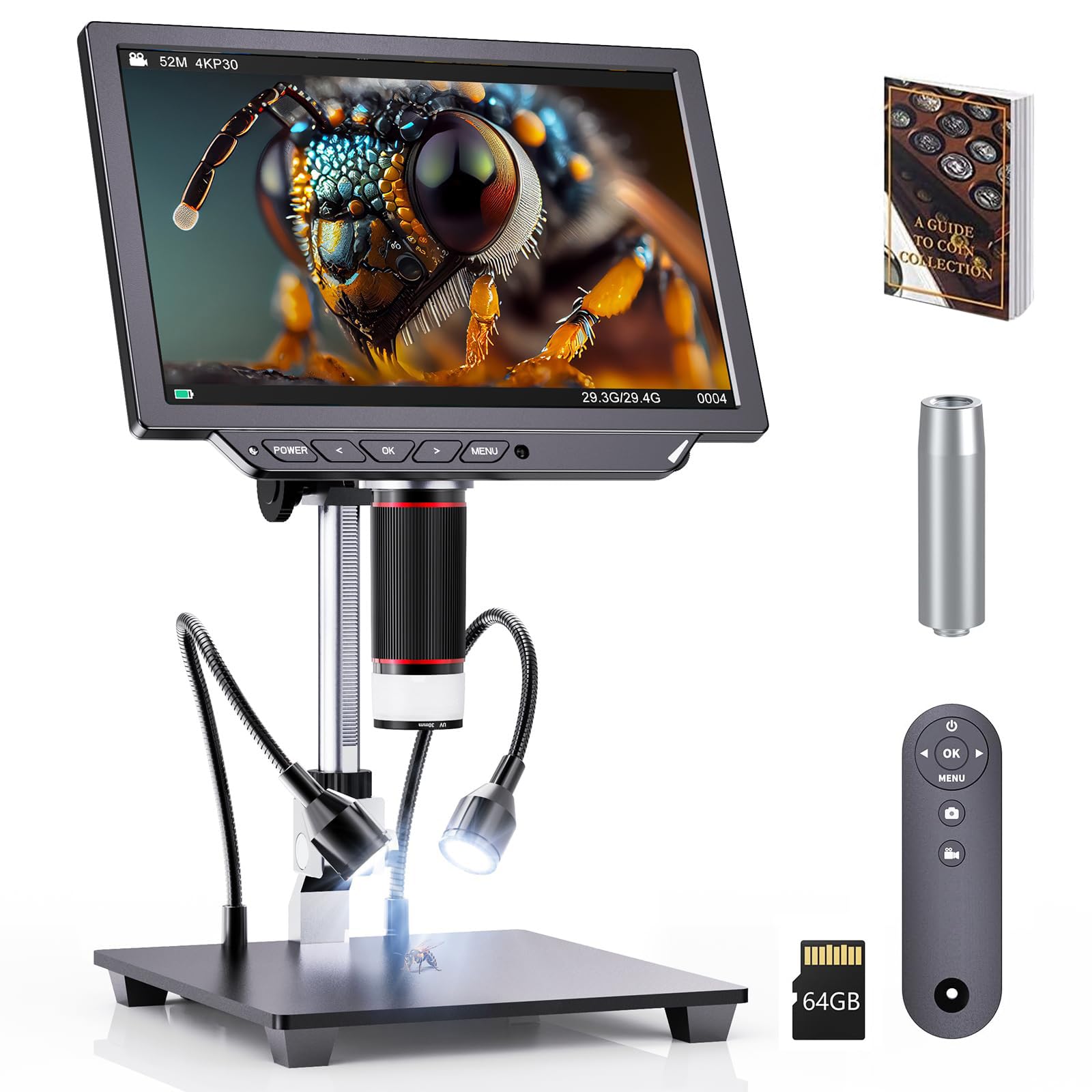 Dcorn 4K Digital Microscope - 2000X Magnification 8" Coin Microscope with 52MP Camera Sensor Microscope for Adults for Soldering Full Coin Observation 64GB TF Card & Coin Guidebook Included