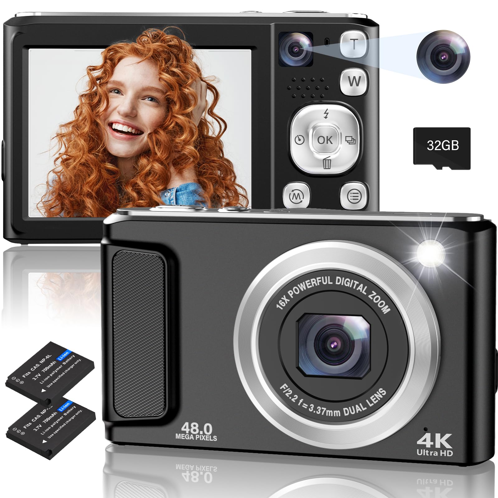 4K Digital Camera 48MP Autofocus Cameras for PhotographyVlogging Compact Camera with Front and Rear Camera 16X Zoom Protable Point and Shoot Cameras with 32GB SD CardAnti-Shake2 Batteries