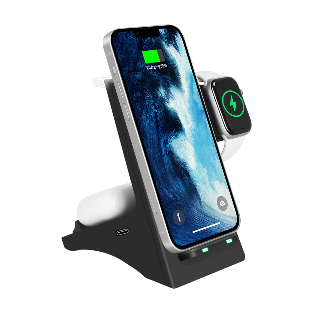 Wireless Charger 3 in 1 Wireless Fast Charging Stand Dock for Apple Watch 6/5/4/3/2 Airpods 2/Pro iPhone 13/13 Pro/13 Pro Max /12/11/Pro/Pro Max/X/Xr and Other Qi-Certified Phones-Black
