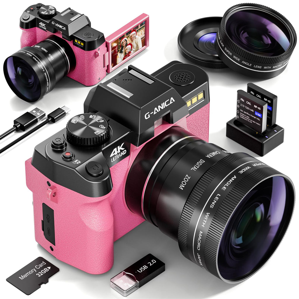 4K Digital Cameras for Photography 48MP Vlogging Camera for YouTube with WiFi 180° Flip Screen Compact Camera with Flash 16X Digital Zoom Travel Camera with Wide-Angle &Macro Lens(Pink)