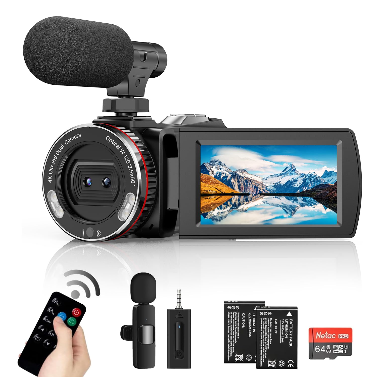 Weochi Video Camera Camcorder 4K 64MP 60FPS Dual Lens Camera with Wireless Mic for Vlogging YouTube Ultra HD 3 Inch Screen 21X Digital Zoom Video Recorder Camera with 64GB SD Card