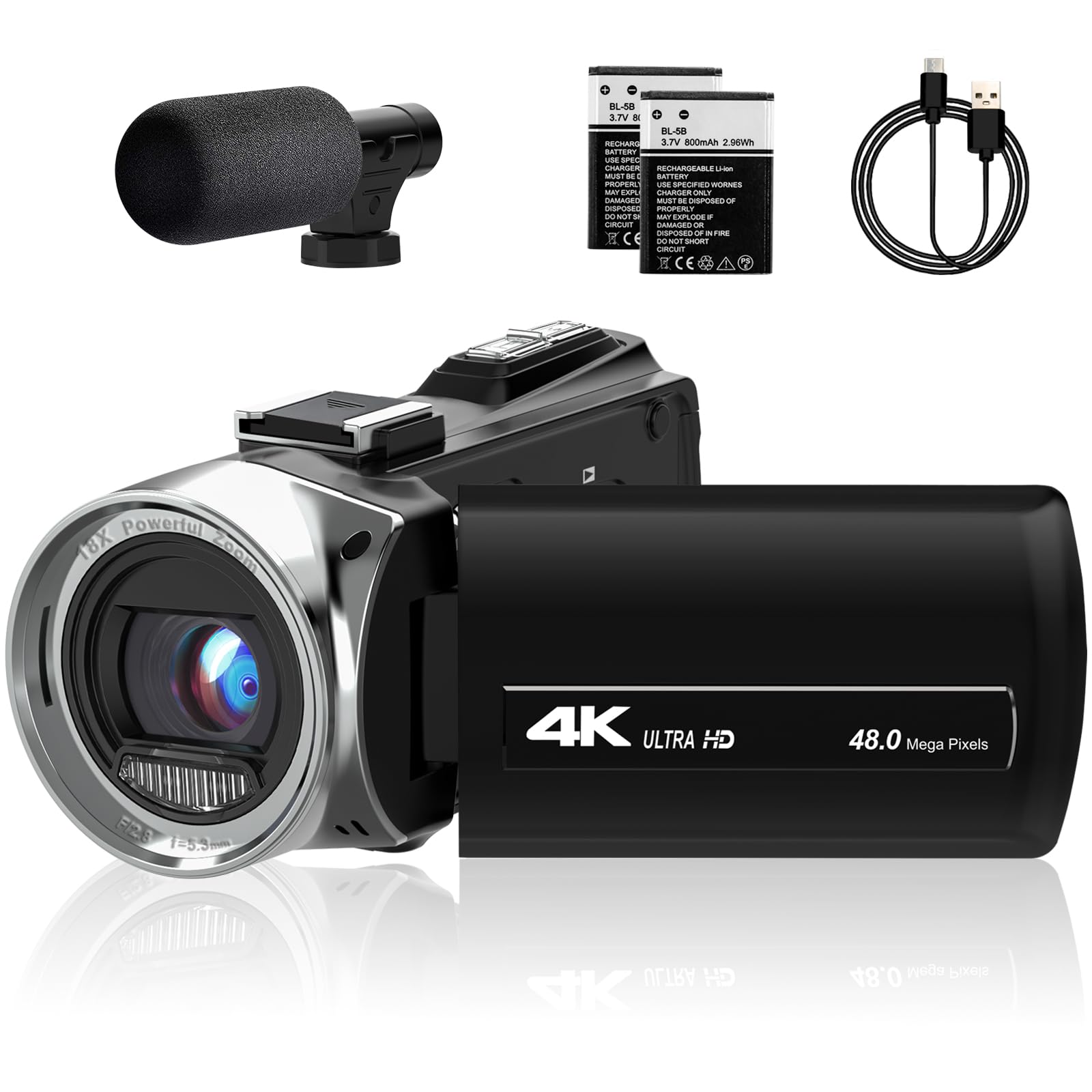 lovpo Camcorder Video Camera 4K Ultra 48MP Vlogging Camera for YouTube 18X Digital Zoom 3.0" 270 Degree Rotation Screen Camera Recorder with Microphone 2 Batteries