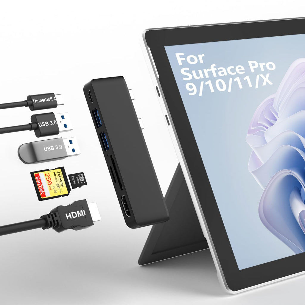 Surface Pro 9/10/11/X Accessories Surface Pro 9 Docking Station with 4K HDMI USB-C Thunerbolt 4 (Display+Data+PD Charging) 2 USB 3.0 SD/TF Card Reader for Surface Pro 9/Pro10/Pro11/ProX
