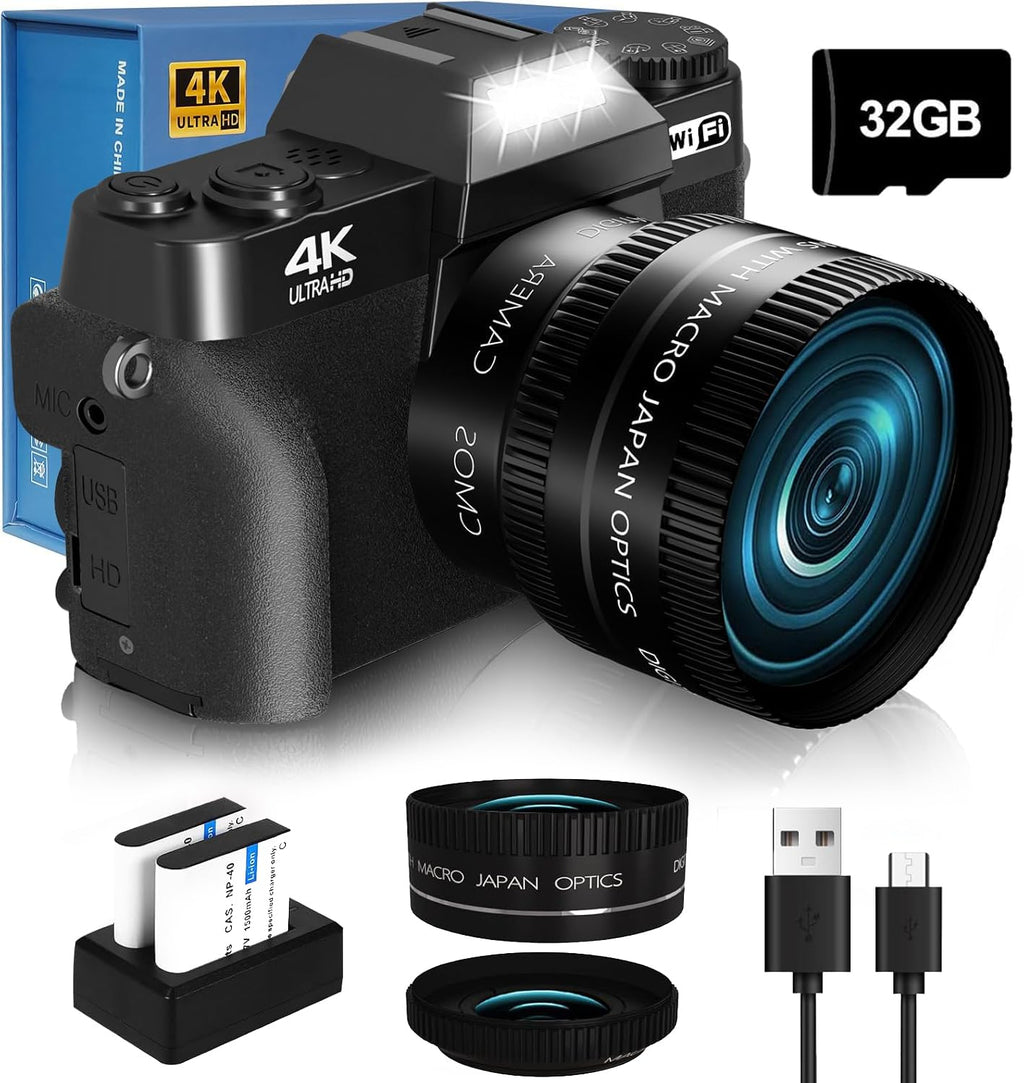 4K 56MP Digital Camera for Photography NIKICAM Vlogging Camera for YouTube with 180° Flip Screen WiFi16X Digital Zoom 52mm Lens 2 Batteries 32GB Micro SD Card(Black)