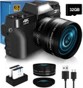 4K 56MP Digital Camera for Photography NIKICAM Vlogging Camera for YouTube with 180° Flip Screen WiFi16X Digital Zoom 52mm Lens 2 Batteries 32GB Micro SD Card(Black)