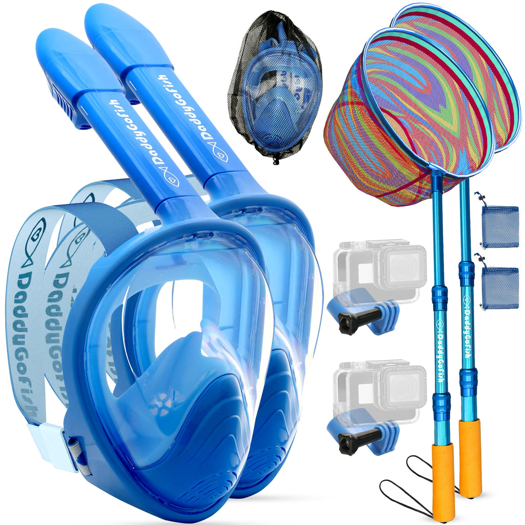 DaddyGoFish Kids Snorkel Mask | Snorkle Snorkeling Gear with Camera Mount | Extendable Telescopic Landing Fishing Net & Snorkeling Mask Combo Set Anti-Fog Anti-Leak