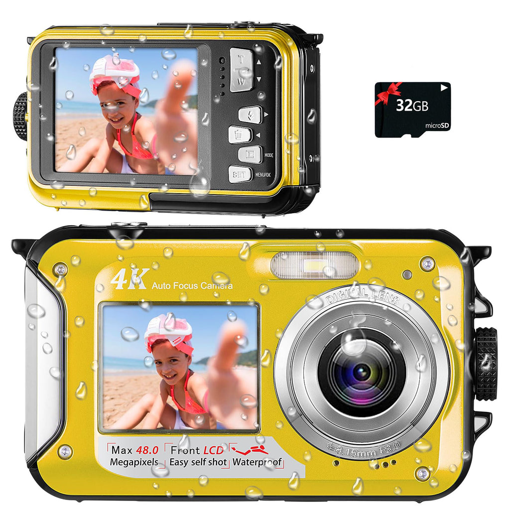4K Waterproof Camera 11FT Underwater Camera with 32GB Card 48MP Autofocus Selfie Dual-Screen Underwater Cameras for Snorkeling Waterproof Compact Digital Camera 1250mAh Battery（Yellow）