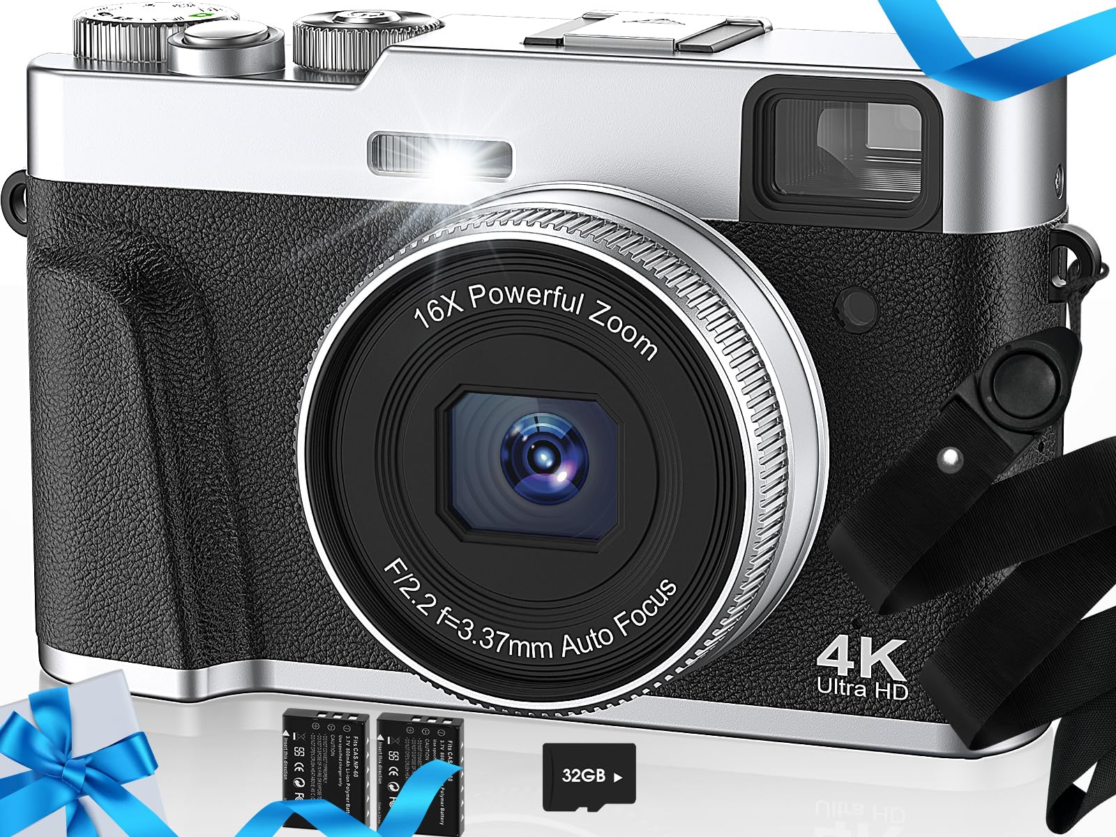 Upgraded 4K Digital Camera with SD Card Autofocus48MP Point and Shoot Camera with Flash Viewfinder & DialVlogging Camera Anti-Shake16X Zoom Portable Travel Camera2 Batteries
