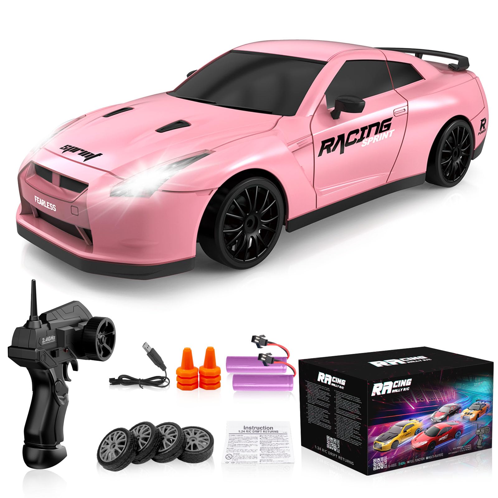 Remote Control Car RC Drift Car 2.4GHz 1:24 Scale 4WD 15KM/H High Speed Model Vehicle with LED Lights Drifting Tire Racing Sport Toy Car for Adults Boys Girls Kids Gift 2Pcs Rechargeable Batteries