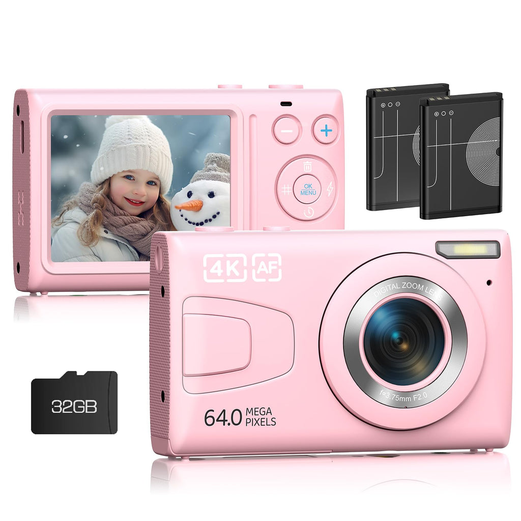 Digital Camera 4K Autofocus Vlogging Camera with Flash 64MP Point and Shoot Digital Camera with 18X Zoom 32GB Card Portable Compact Camera for Teens Adult Beginner Pink