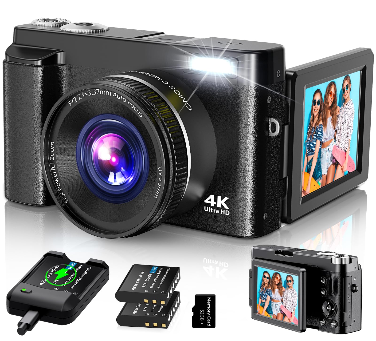 4K Digital Camera for Photography Autofocus 2024 Latest 48MP Vlogging Camera for YouTube with SD Card 2 Batteries 3" 180°Flip Screen Compact Travel Camera for Teens with 16X Zoom Anti-ShakeBlack