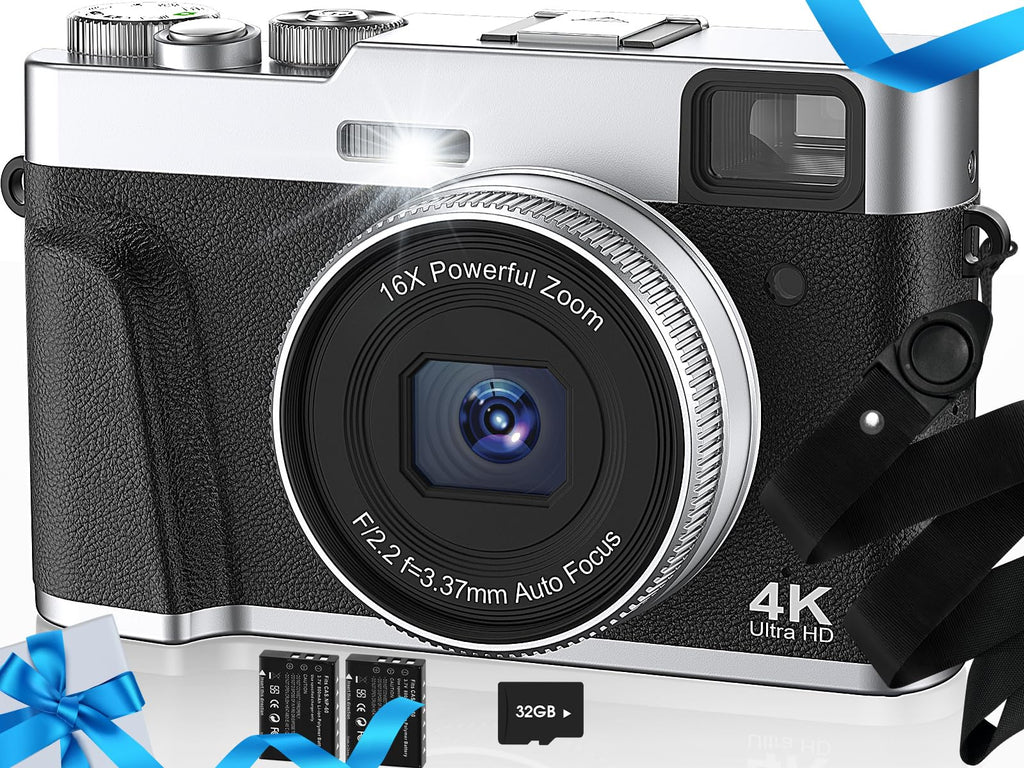 Upgraded 4K Digital Camera with SD Card Autofocus48MP Point and Shoot Camera with Flash Viewfinder & DialVlogging Camera Anti-Shake16X Zoom Portable Travel Camera2 Batteries