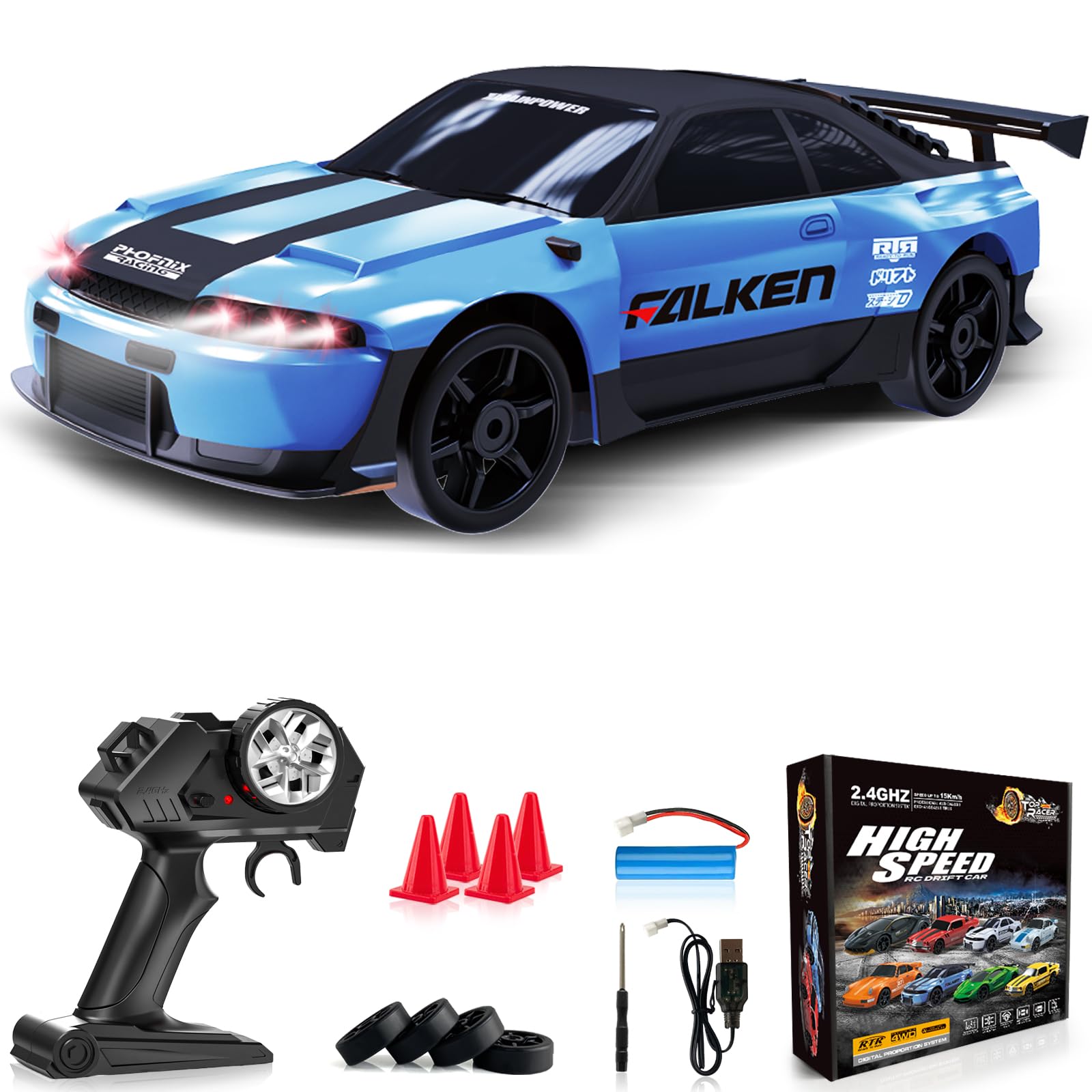 Everbigmai RC Drift Car 1:24 Remote Control Car 4WD 15KM/H High Speed Racing Sport Car with LED Lights RC Cars Toy Cars for Kids Boys Girls Adults Gifts Birthday Christmas Rechargeable Batteries